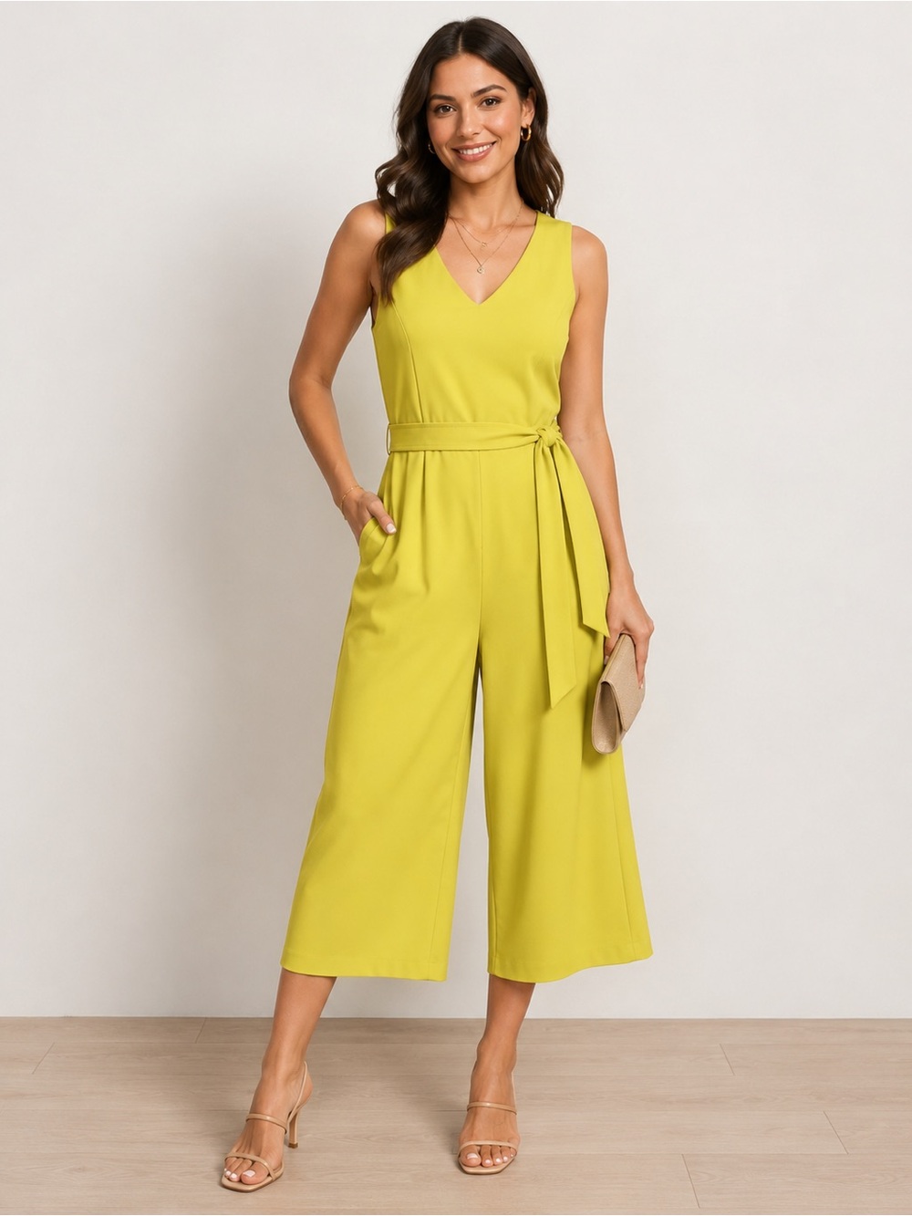 Calvin Klein Bright Yellow V-Neck Wide-Leg Sleeveless Jumpsuit with Tie Belt.